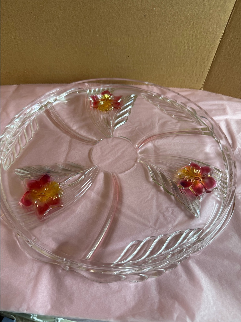 VTG Mikasa Satin Orchid 14" Glass Cake Plate/Platter Walther Glas Like New, Box